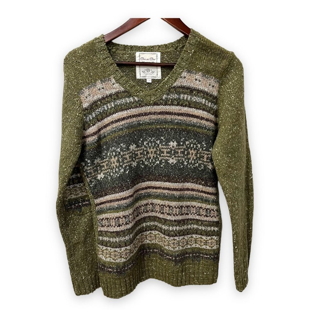One on One vintage long sleeve v neck green sweater size large - Picture 1 of 9